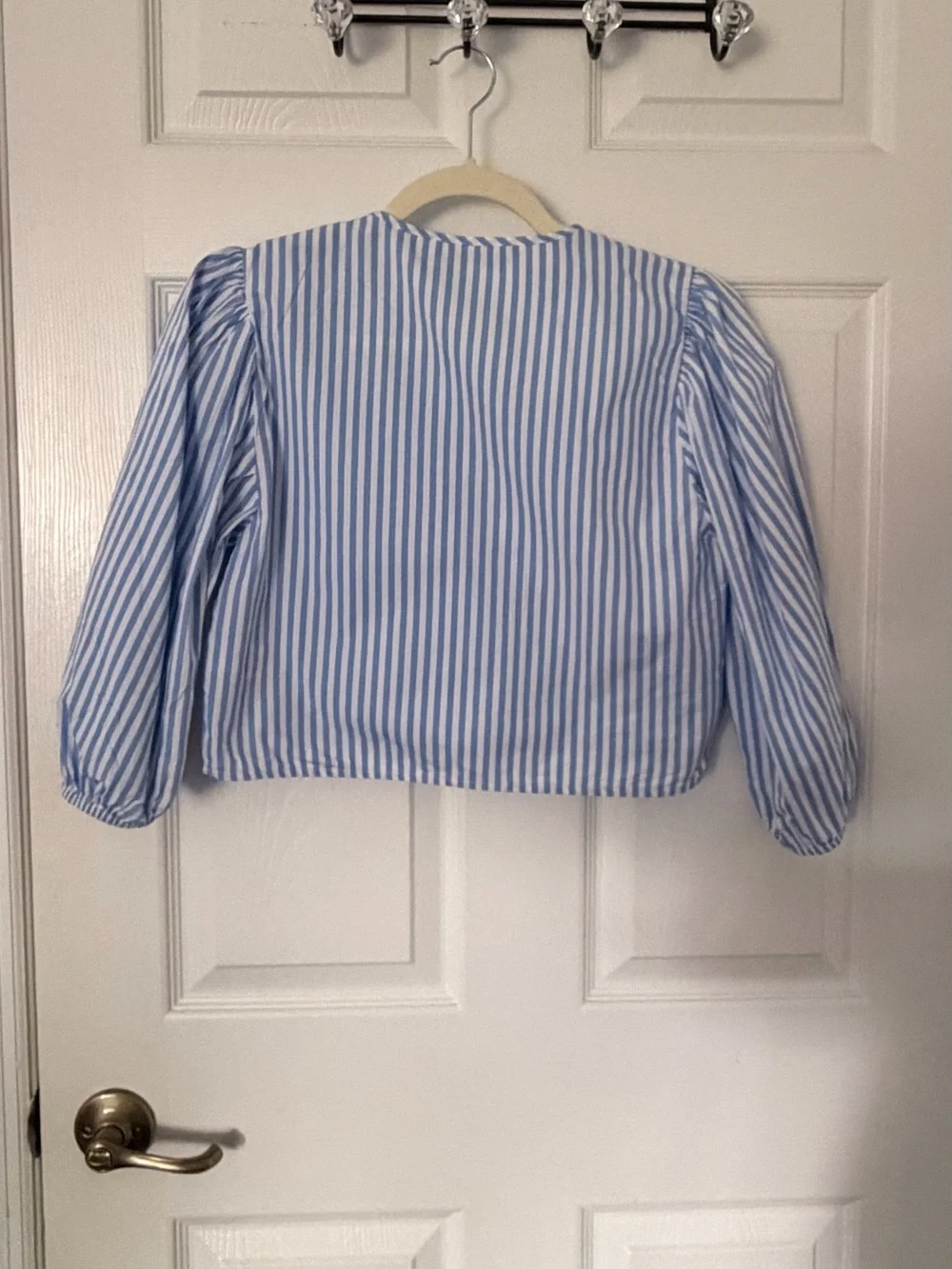 Zara Light Blue and White Striped Tie-Front Blouse